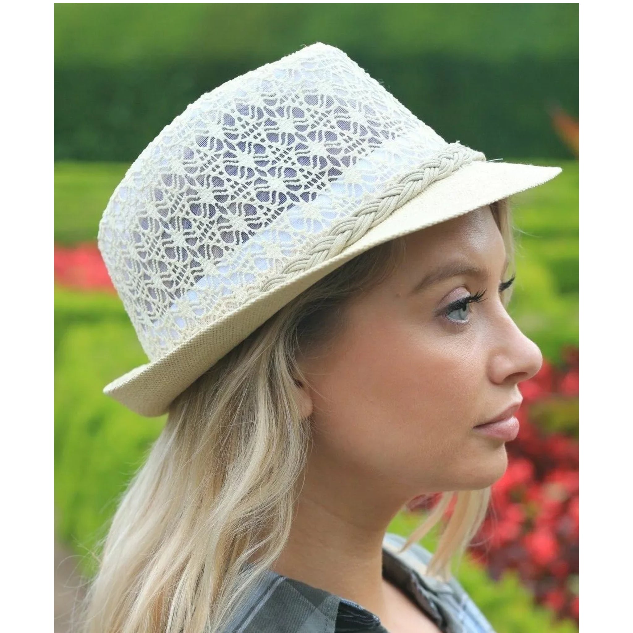 Ladies lace effect trilby sun hat in white with woven braid band and button detail